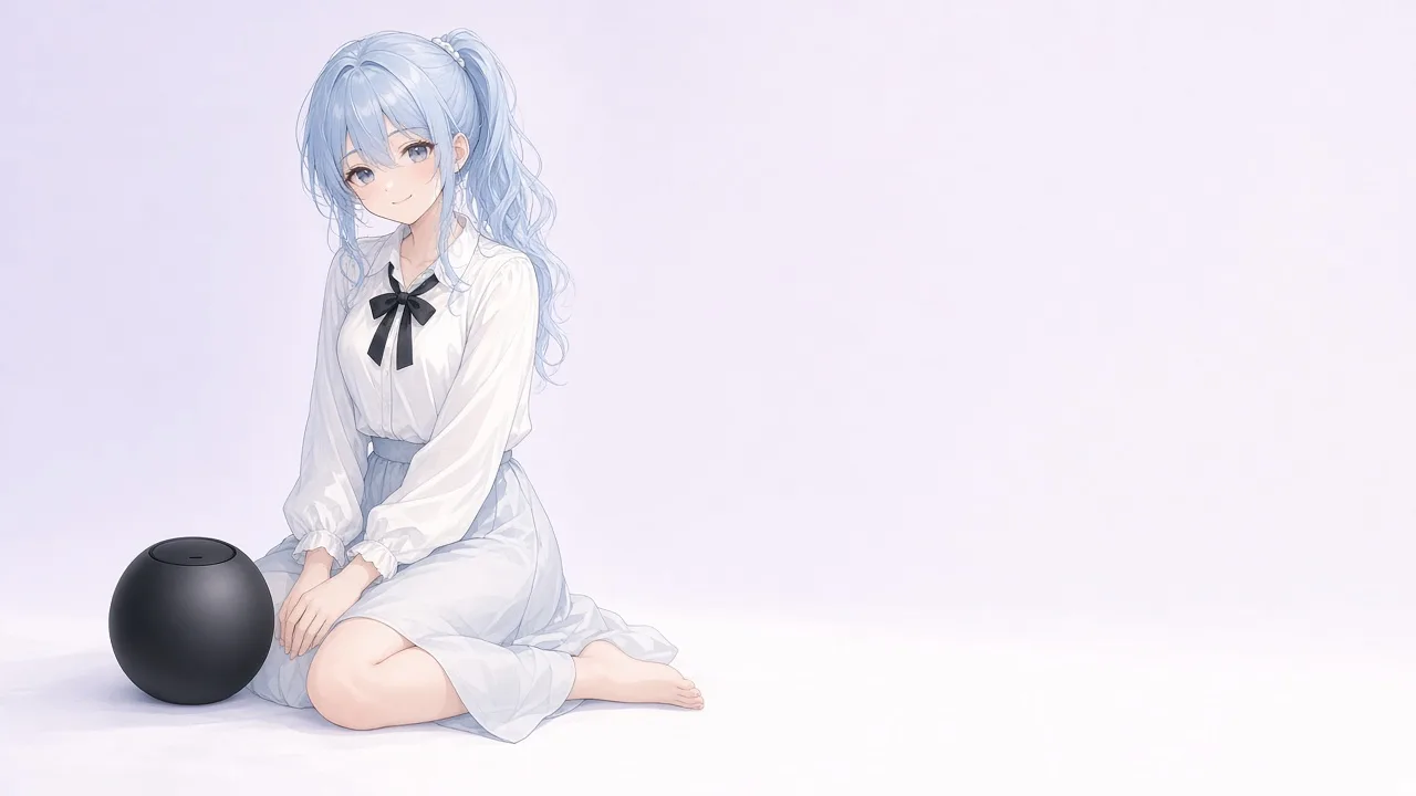 原创内容创作插画:一位浅发色角色坐在白色工作室里,身旁是黑色音箱
